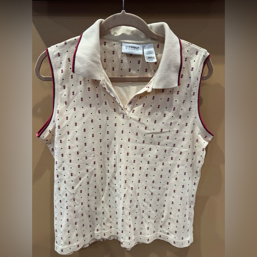 LizGolf by Liz Claiborne Sleeveless Polo Top in Cream with Maroon Accents Size M